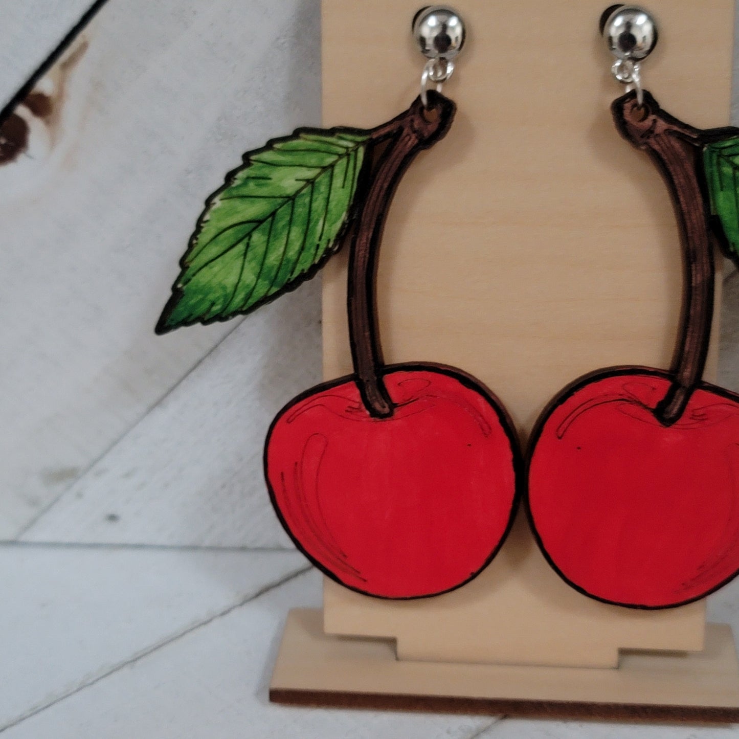 Large Red Cherry Earrings with Green Leaf – Fun Retro Statement Jewelry