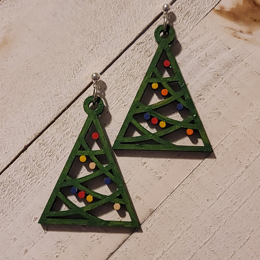 Hand-Painted Green Triangle Christmas Tree Earrings with Festive Dots