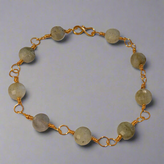 Handmade Labradorite Bronze Wire Wrapped Chain Bracelet Natural Gemstone Jewelry
