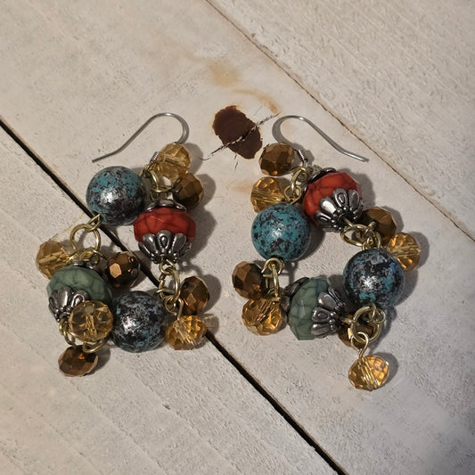 Boho Dangle Cluster Earrings • Turquoise Coral Amber Beads • Rustic Gypsy