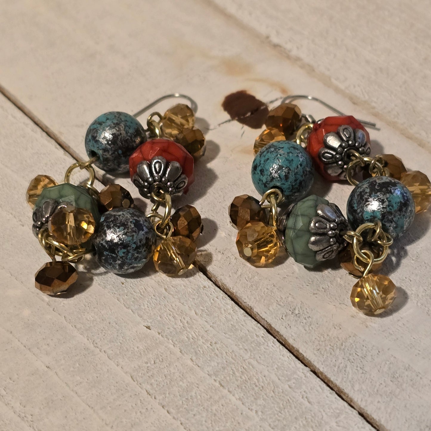 Boho Dangle Cluster Earrings • Turquoise Coral Amber Beads • Rustic Gypsy