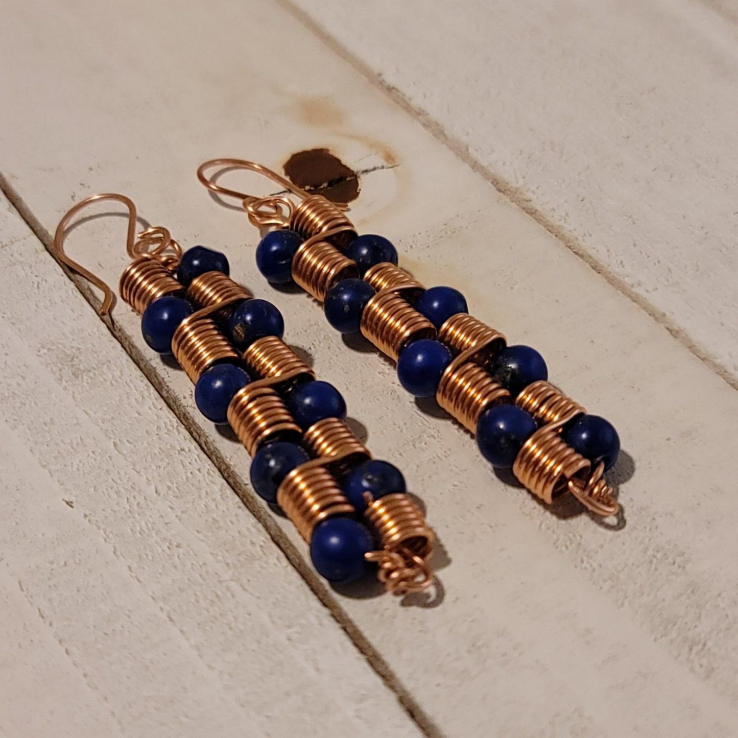 Handmade Copper Coil Bead Earrings – Artisan Dangle Jewelry with Blue Beads