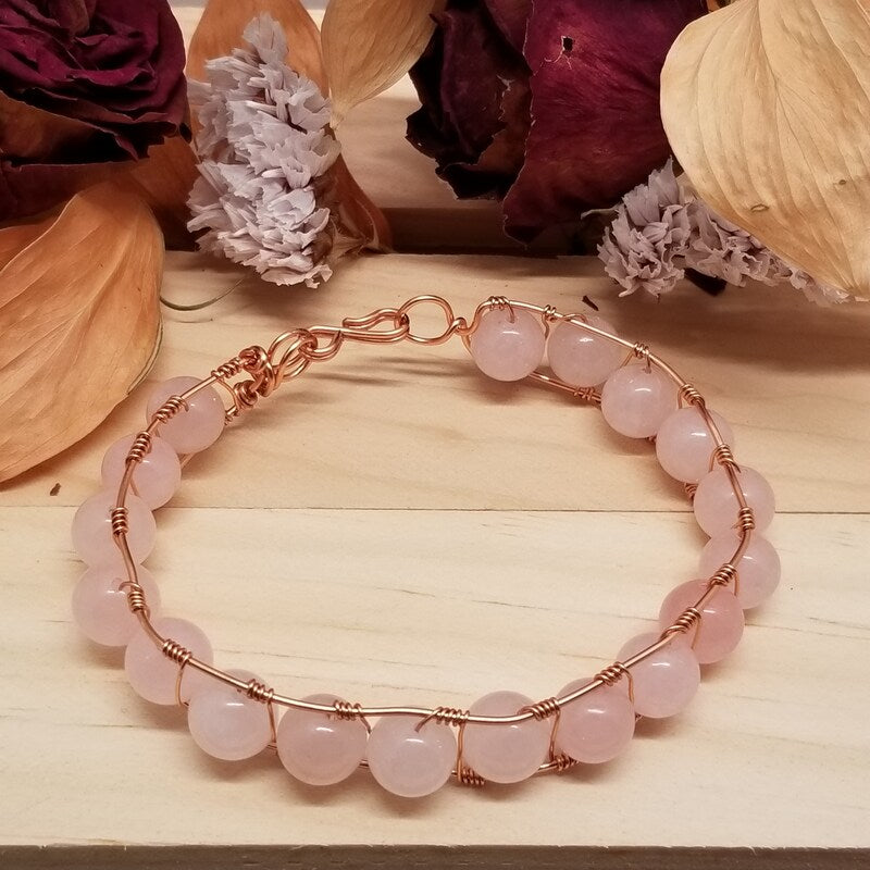 Handmade Rose Quartz Wire Wrapped Bracelet Copper Tone Healing Jewelry