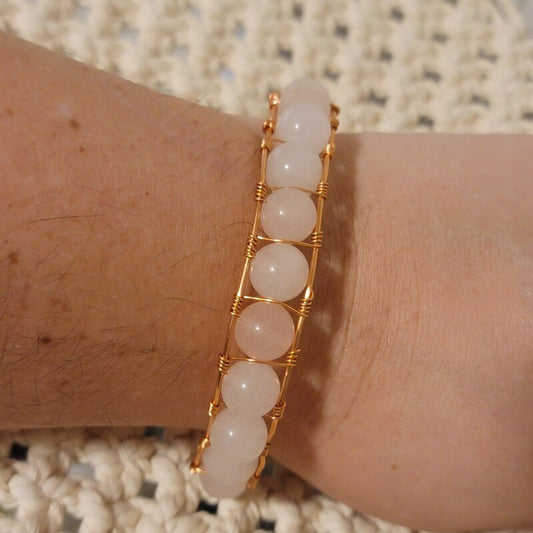 Handmade Rose Quartz Wire Wrapped Bracelet Copper Tone Healing Jewelry