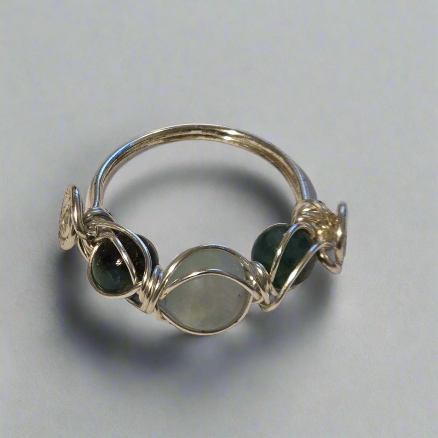 Handmade Wire Wrapped Aquamarine & Emerald Ring – Silver Tone Band