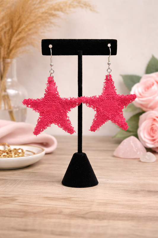 Red Statement Star Earrings – Bold Textured Dangle Earrings