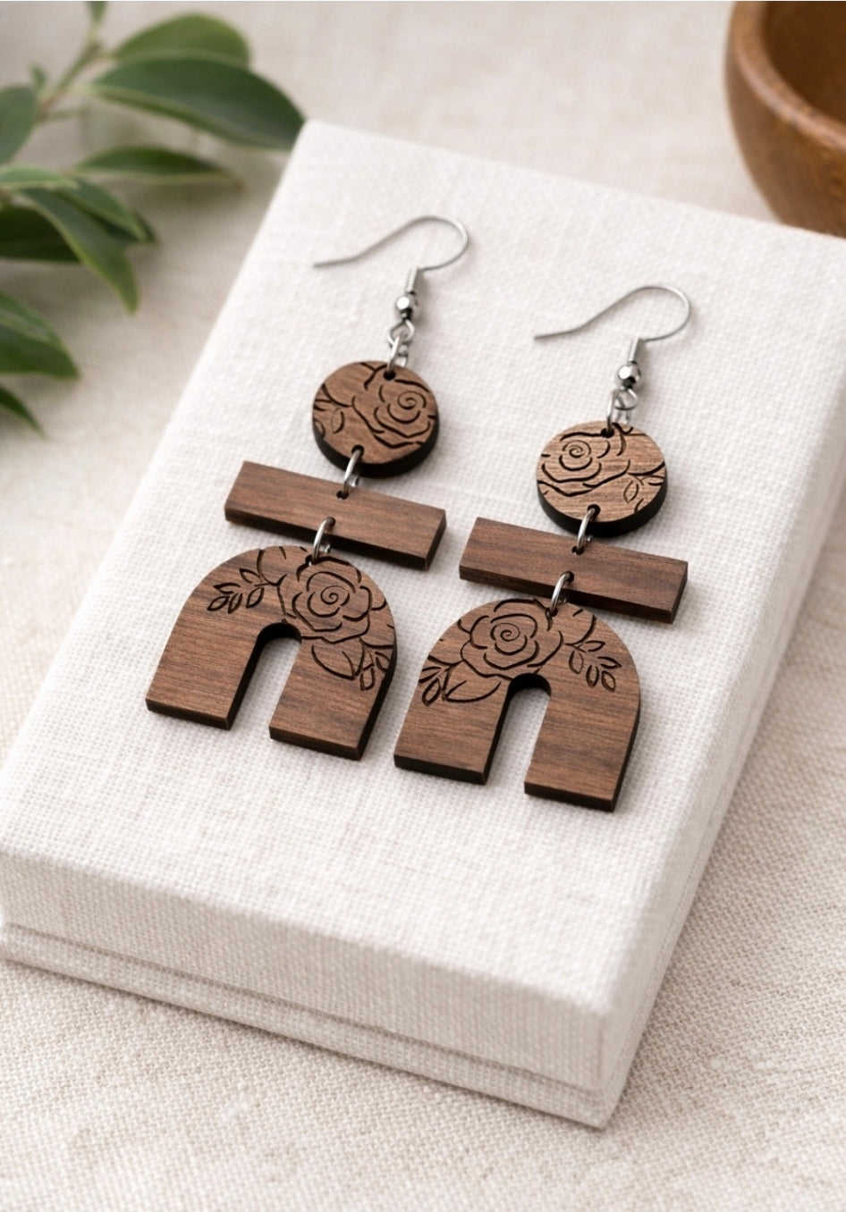 Walnut Rose Arch Earrings | Laser Engraved Floral Wood Statement Dangles