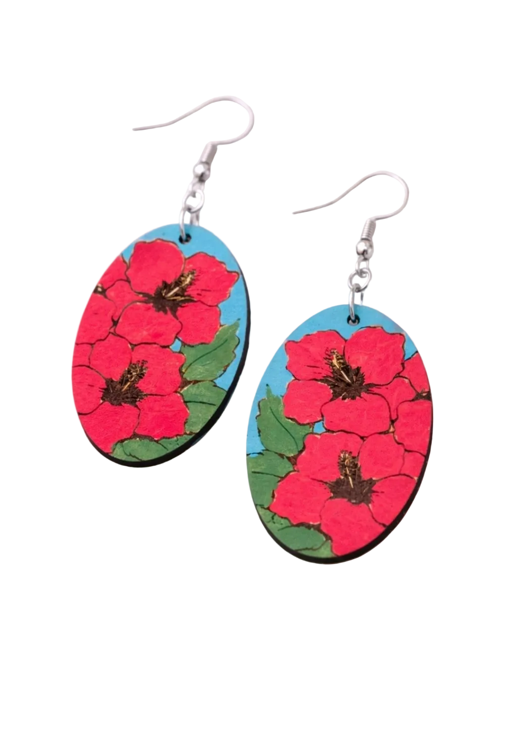 Hand Painted Tropical Floral Earrings | Teal Wood Hibiscus Dangle Earrings