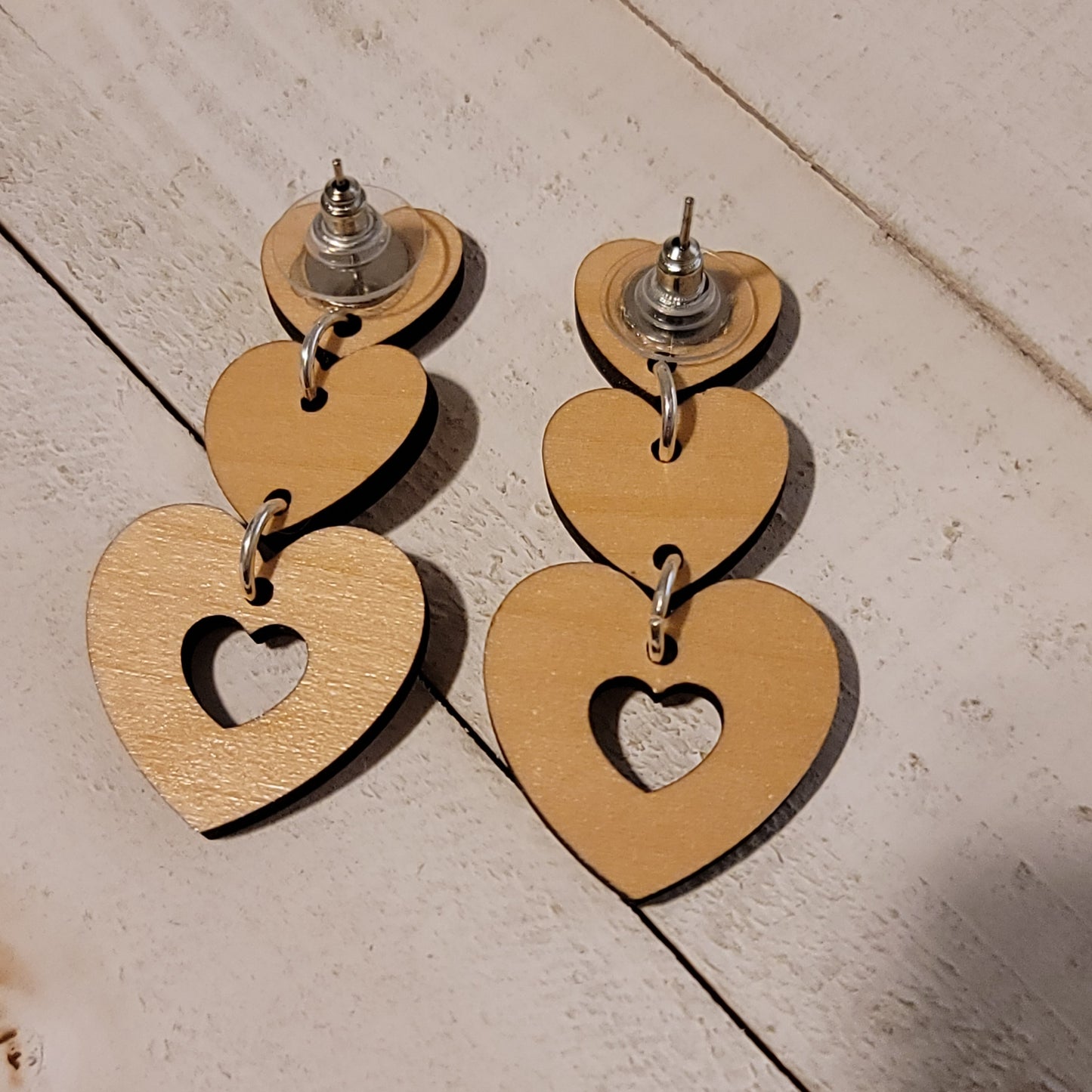Handmade Wooden Heart Dangle Earrings – 2" Drop Statement Jewelry