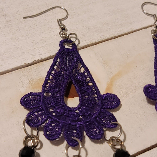 Handmade Purple Lace Earrings with Blue Bead Dangles