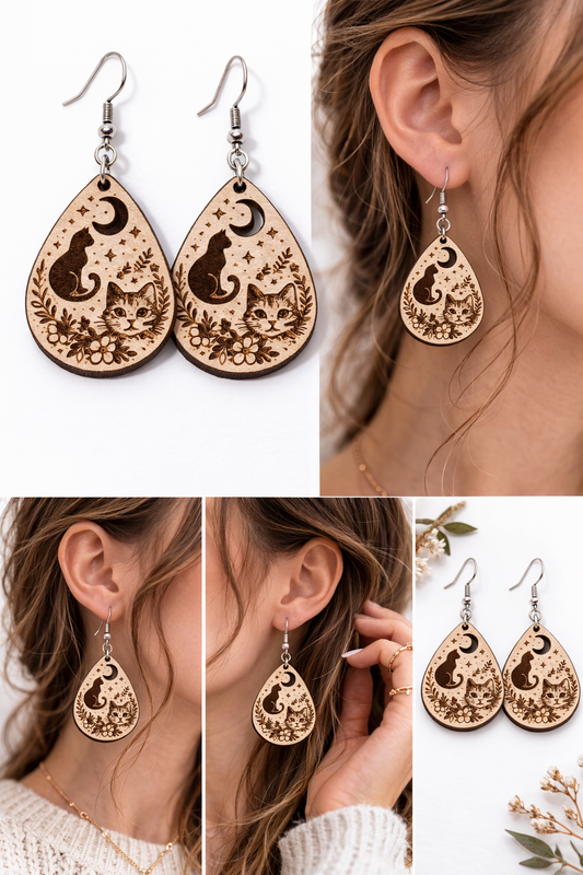 Teardrop-shaped earrings with cat and moon design worn by a person.