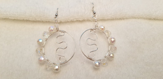 Handmade Silver Tone Wire Hoop Earrings with Clear Beads