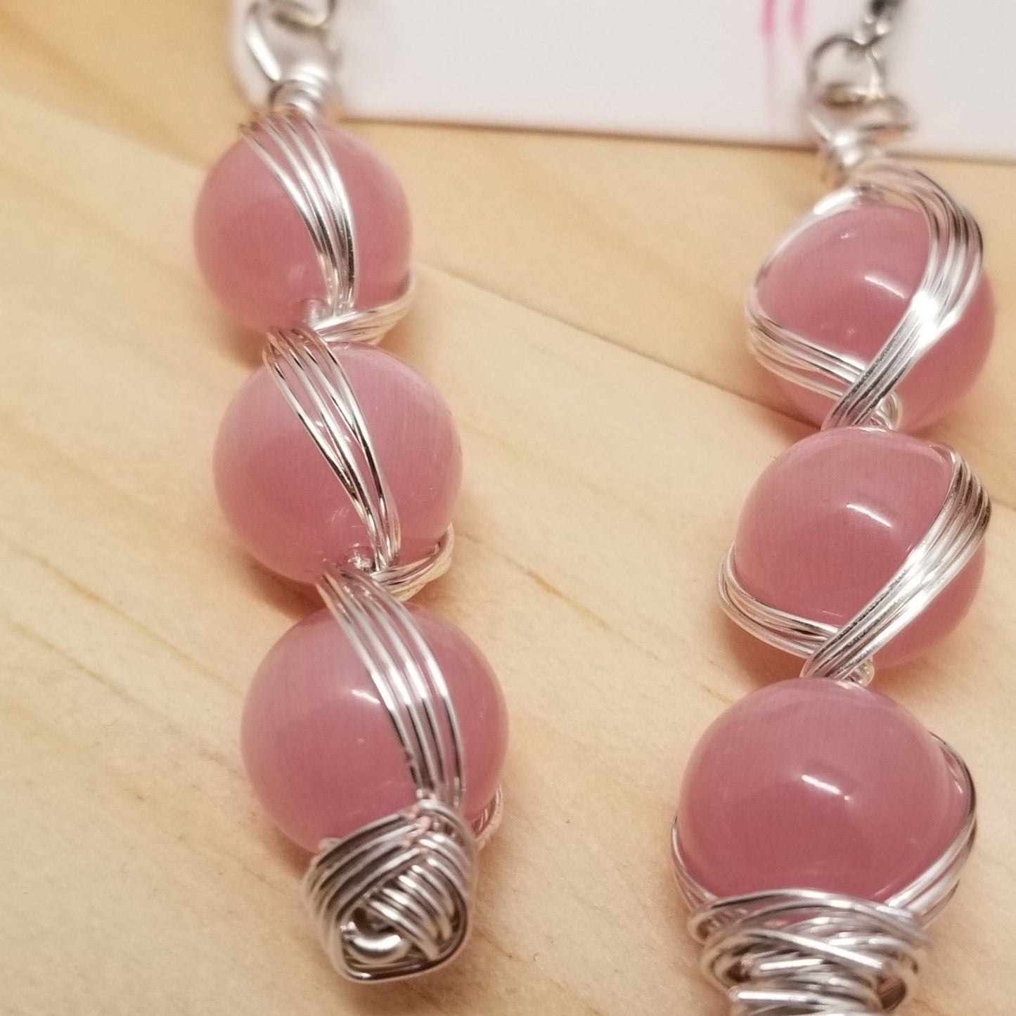 Handmade Pink Cat’s Eye Bead Earrings – Wire Wrapped Dangle Jewelry