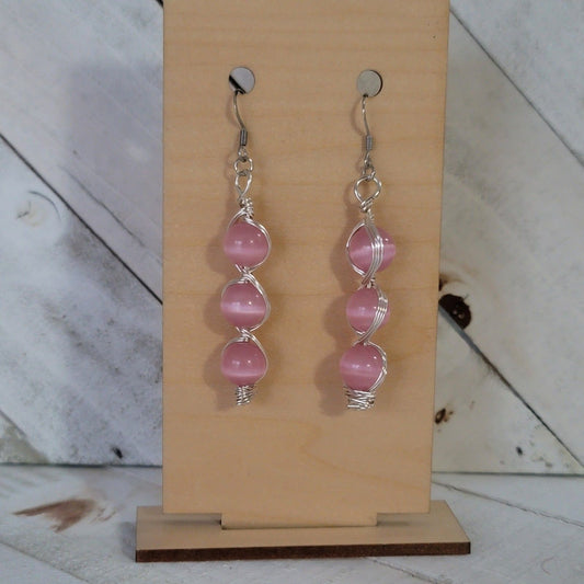 Handmade Pink Cat’s Eye Bead Earrings – Wire Wrapped Dangle Jewelry
