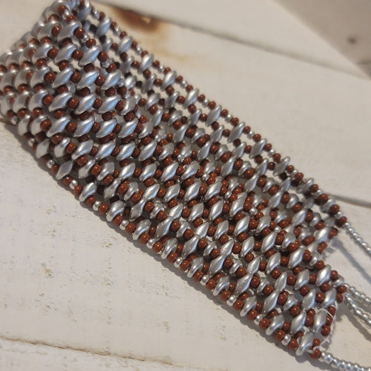 Handmade Silver & Brown Beaded Adjustable Bracelet with Magnetic Clasp