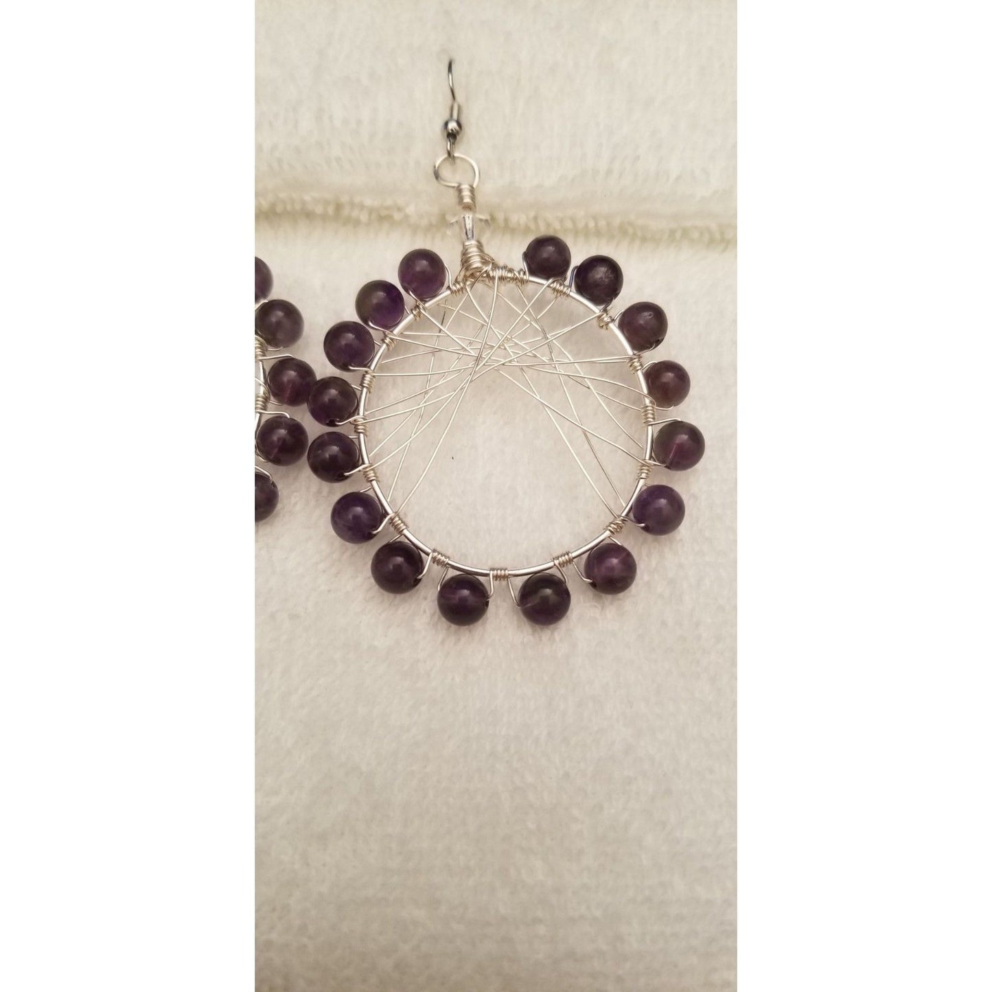 Handmade Amethyst Wire Wrapped Hoop Earrings Boho Dreamcatcher Style Jewelry