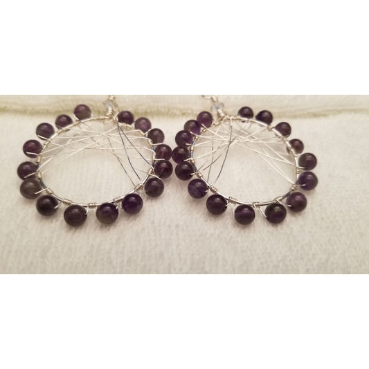 Handmade Amethyst Wire Wrapped Hoop Earrings Boho Dreamcatcher Style Jewelry
