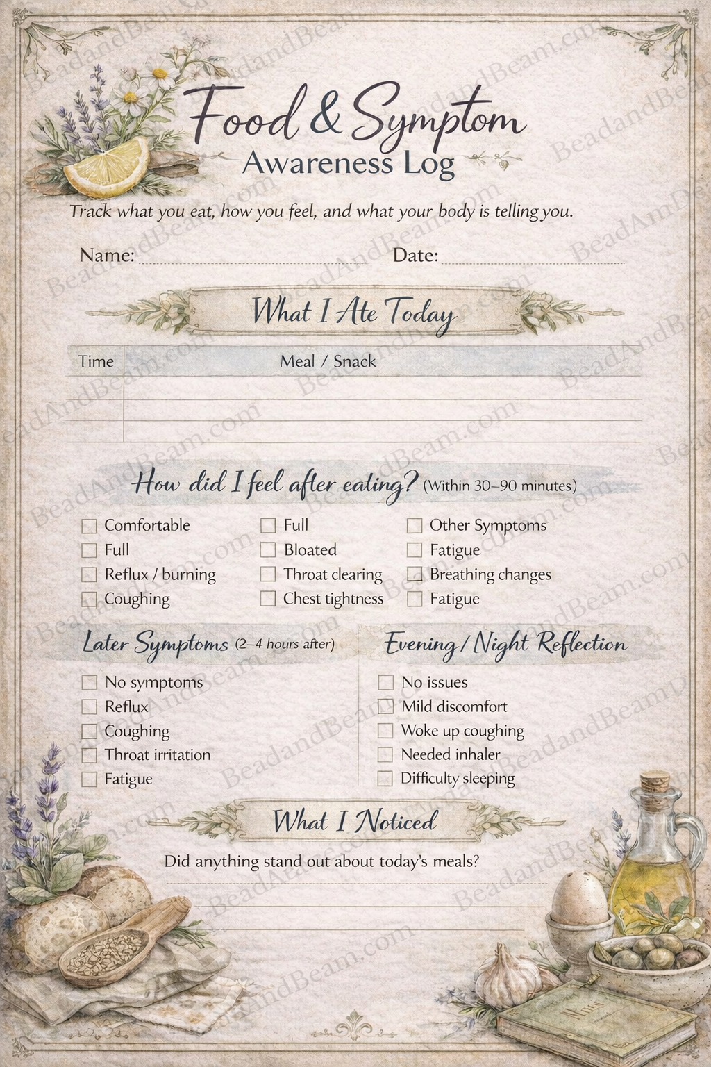 Food and Symptom Awareness Log with decorative elements on a light background