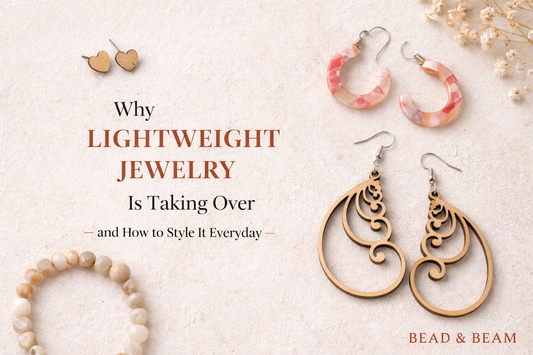 Flat lay of lightweight handmade jewelry on an off-white surface with blog title text and Bead & Beam branding.