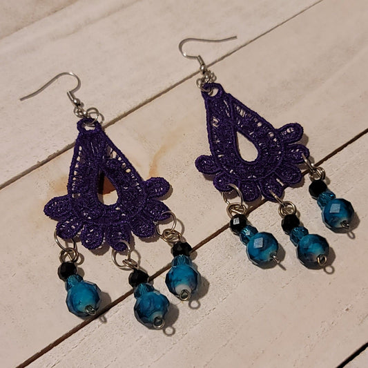 Handmade Purple Lace Earrings with Blue Bead Dangles