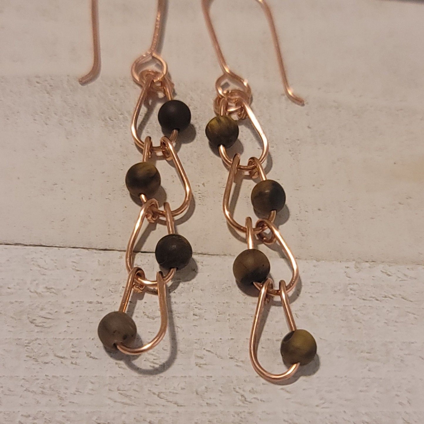 Tiger’s Eye Copper Chain Earrings – Handmade Gemstone Dangle 2.75"