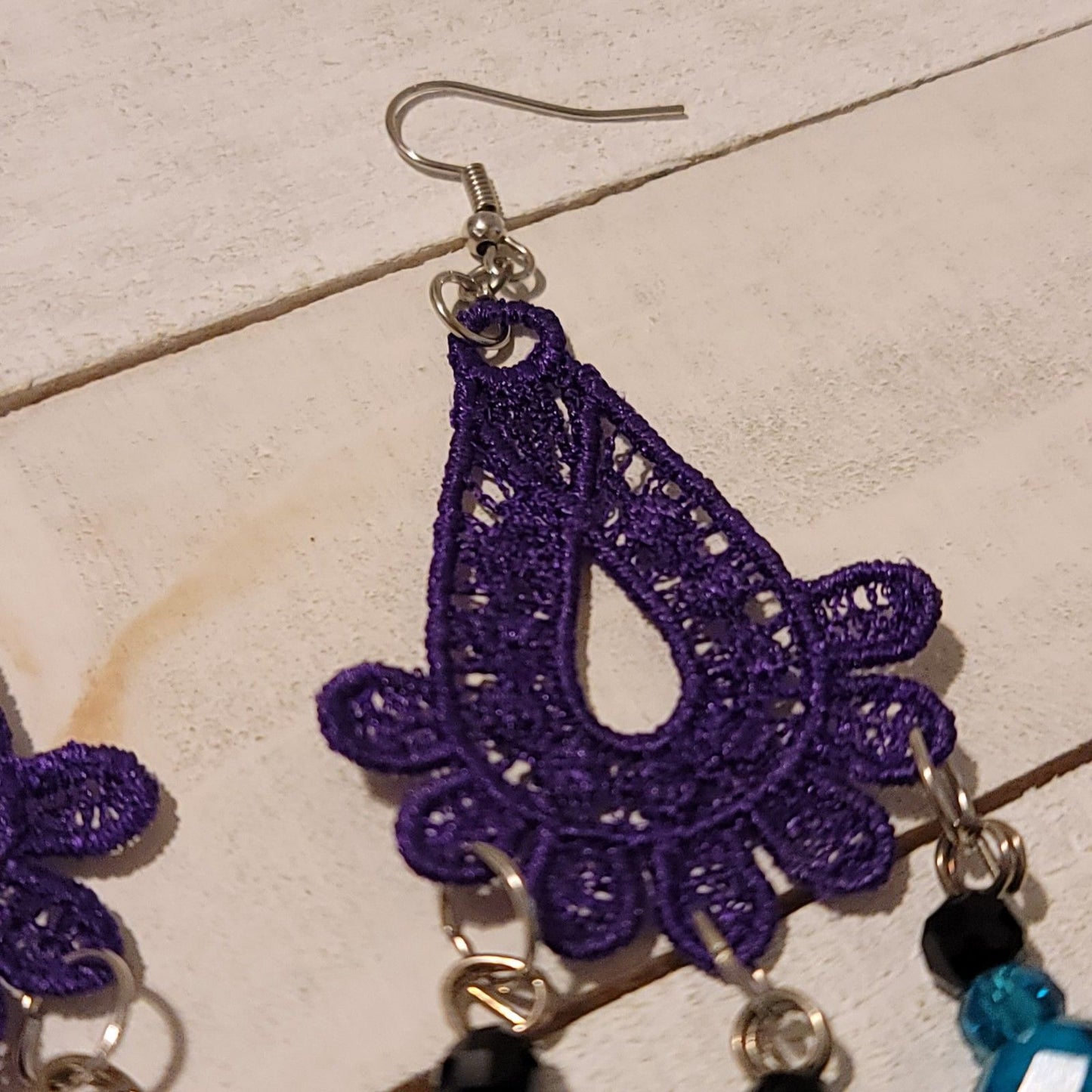 Handmade Purple Lace Earrings with Blue Bead Dangles
