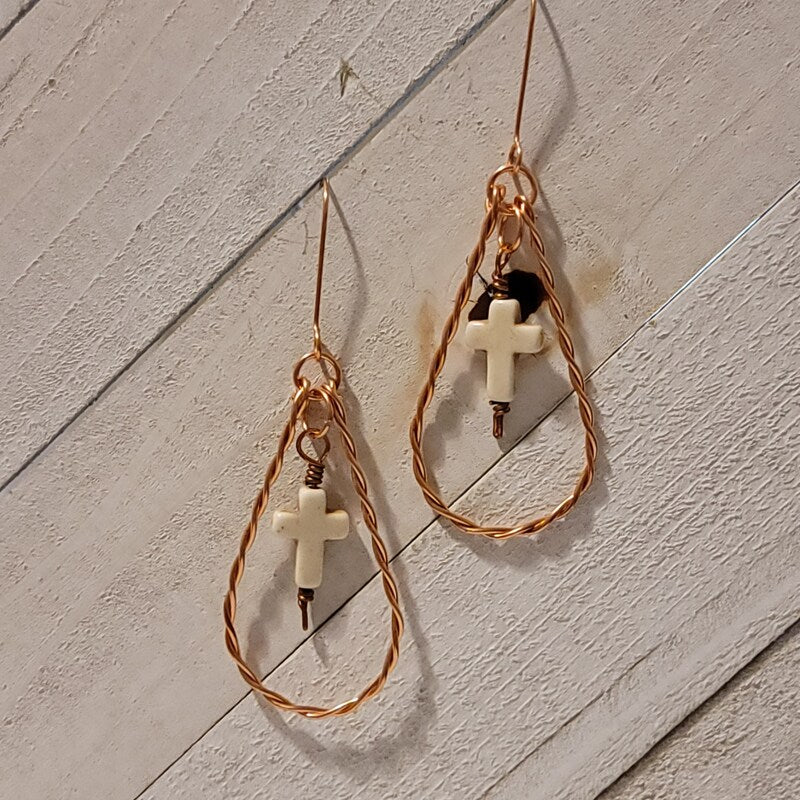 Handmade Copper Teardrop Earrings with White Cross Charm – Faith Jewelry