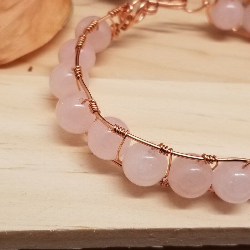 Handmade Rose Quartz Wire Wrapped Bracelet Copper Tone Healing Jewelry