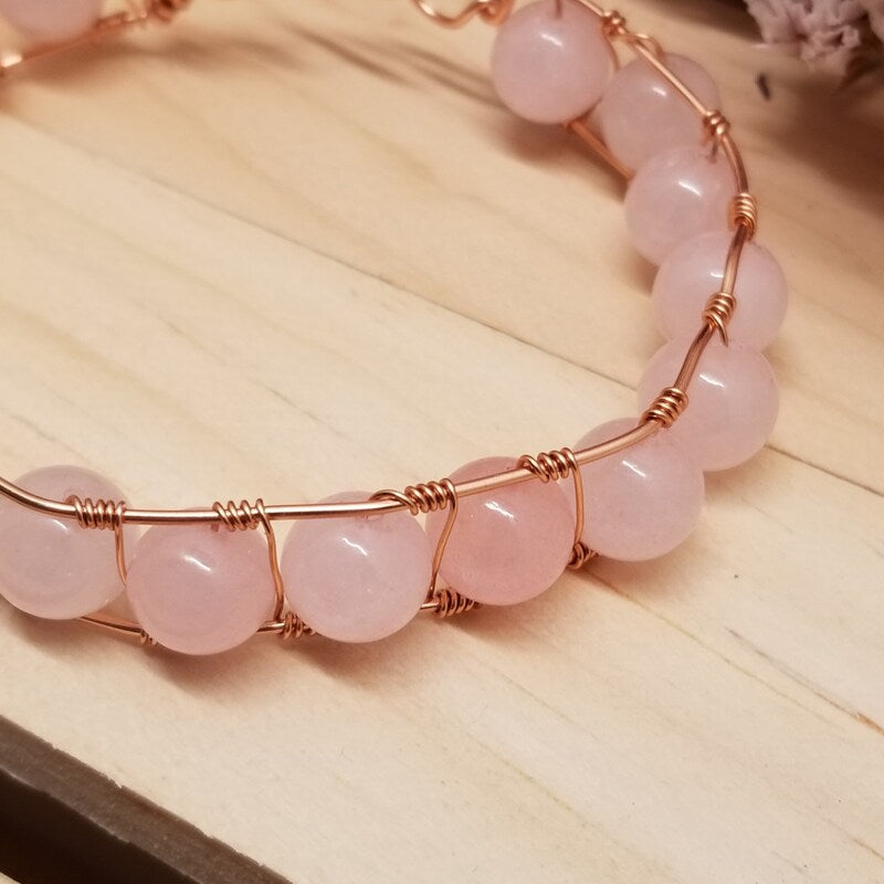 Handmade Rose Quartz Wire Wrapped Bracelet Copper Tone Healing Jewelry