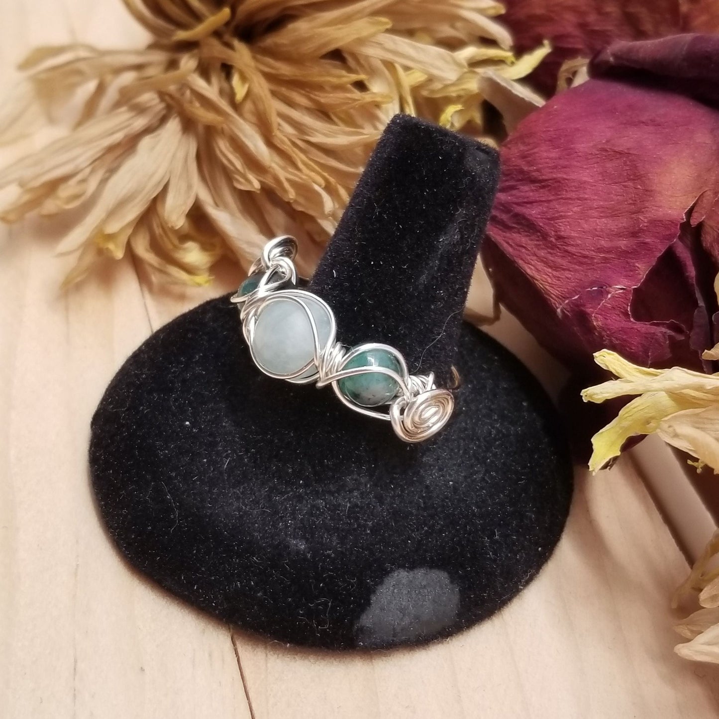 Handmade Wire Wrapped Aquamarine & Emerald Ring – Silver Tone Band