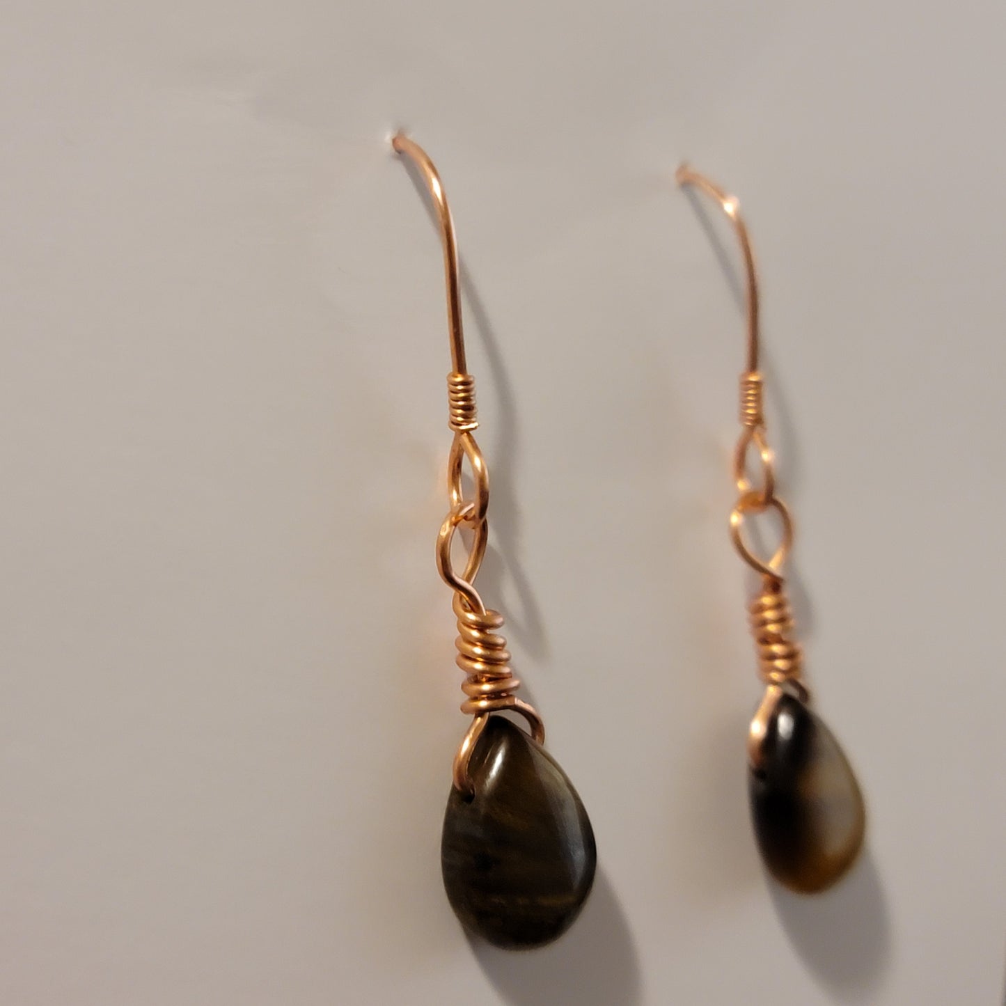 Handmade Copper Tear Drop Tigers Eye Dangle Earrings