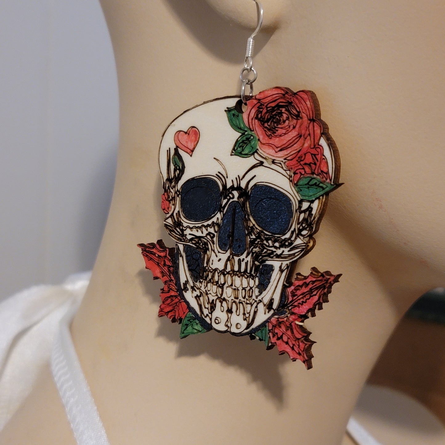 Large Skull Earrings with Roses & Heart – Laser Cut Statement Jewelry