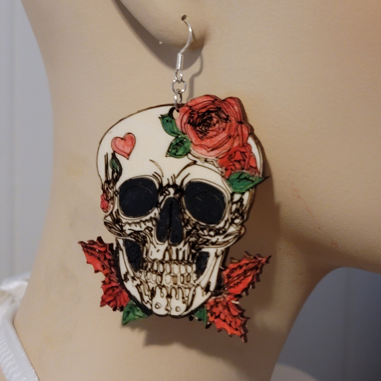Large Skull Earrings with Roses & Heart – Laser Cut Statement Jewelry