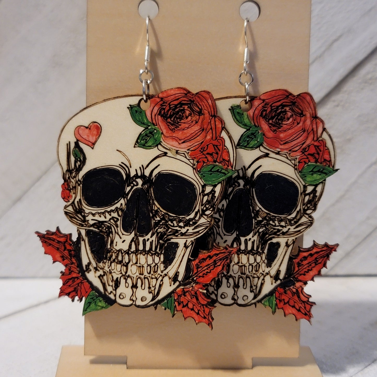 Large Skull Earrings with Roses & Heart – Laser Cut Statement Jewelry