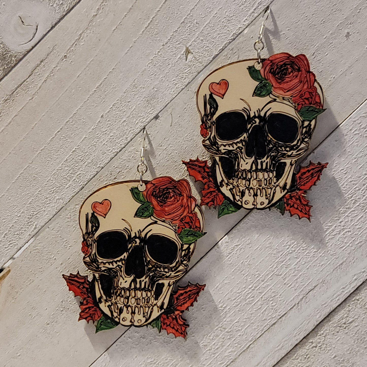 Large Skull Earrings with Roses & Heart – Laser Cut Statement Jewelry