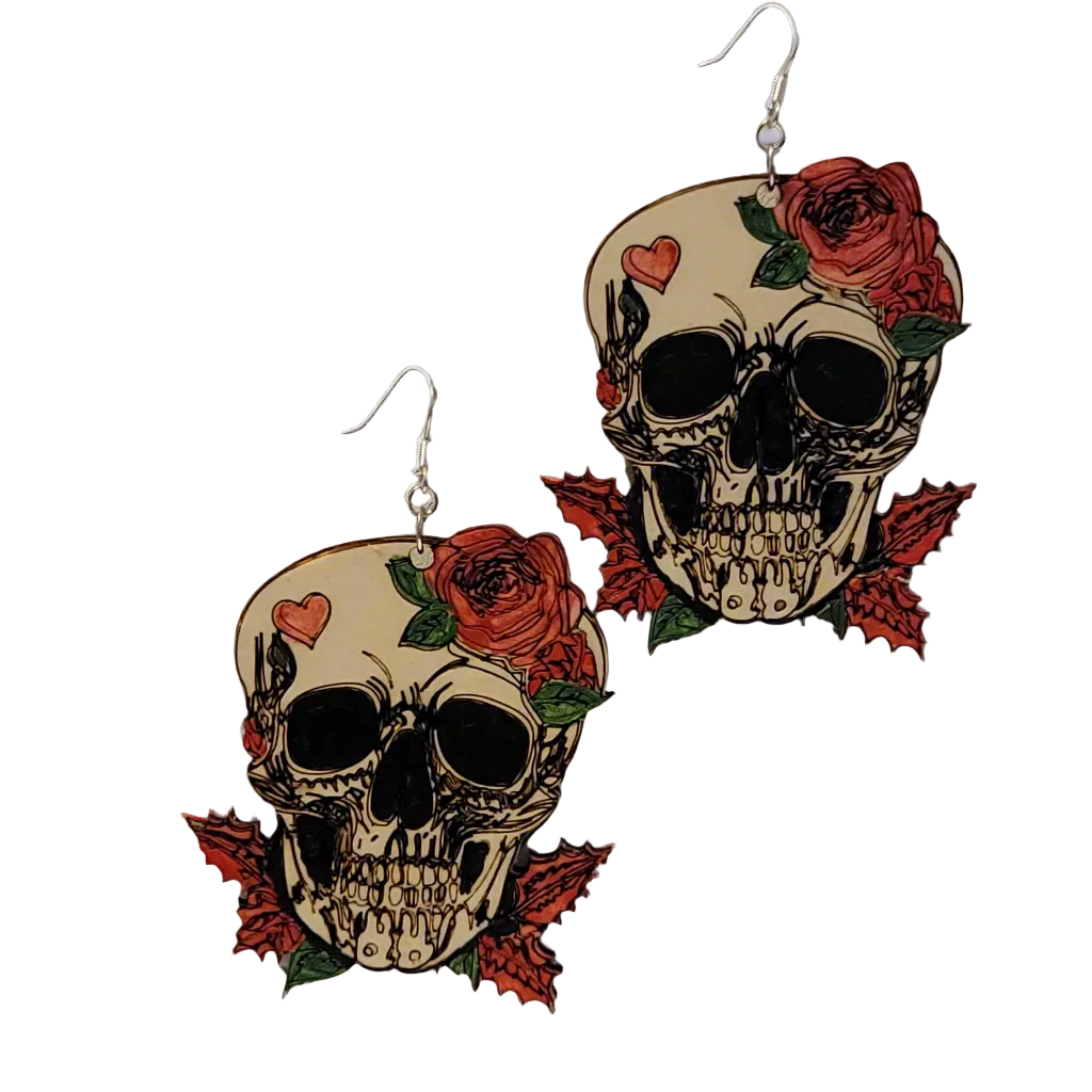 Large Skull Earrings with Roses & Heart – Laser Cut Statement Jewelry