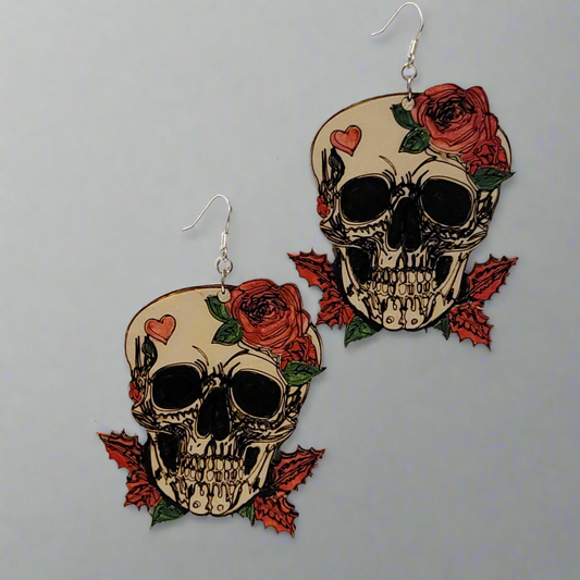 Large Skull Earrings with Roses & Heart – Laser Cut Statement Jewelry