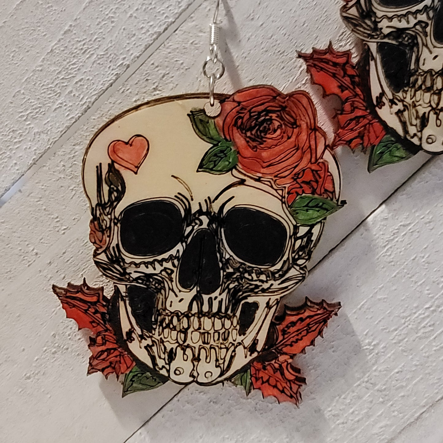 Large Skull Earrings with Roses & Heart – Laser Cut Statement Jewelry