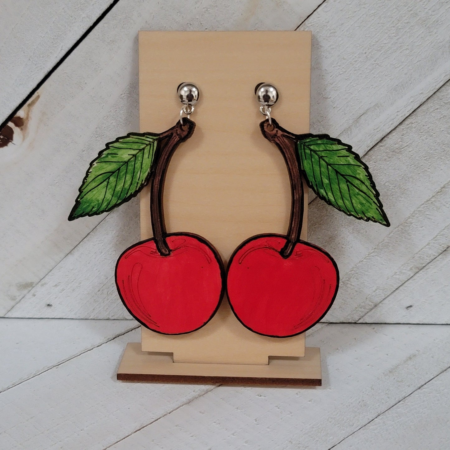 Large Red Cherry Earrings with Green Leaf – Fun Retro Statement Jewelry