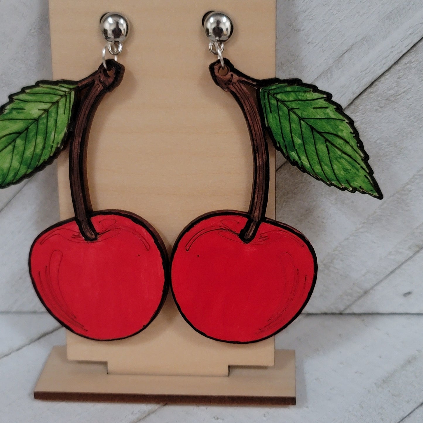 Large Red Cherry Earrings with Green Leaf – Fun Retro Statement Jewelry