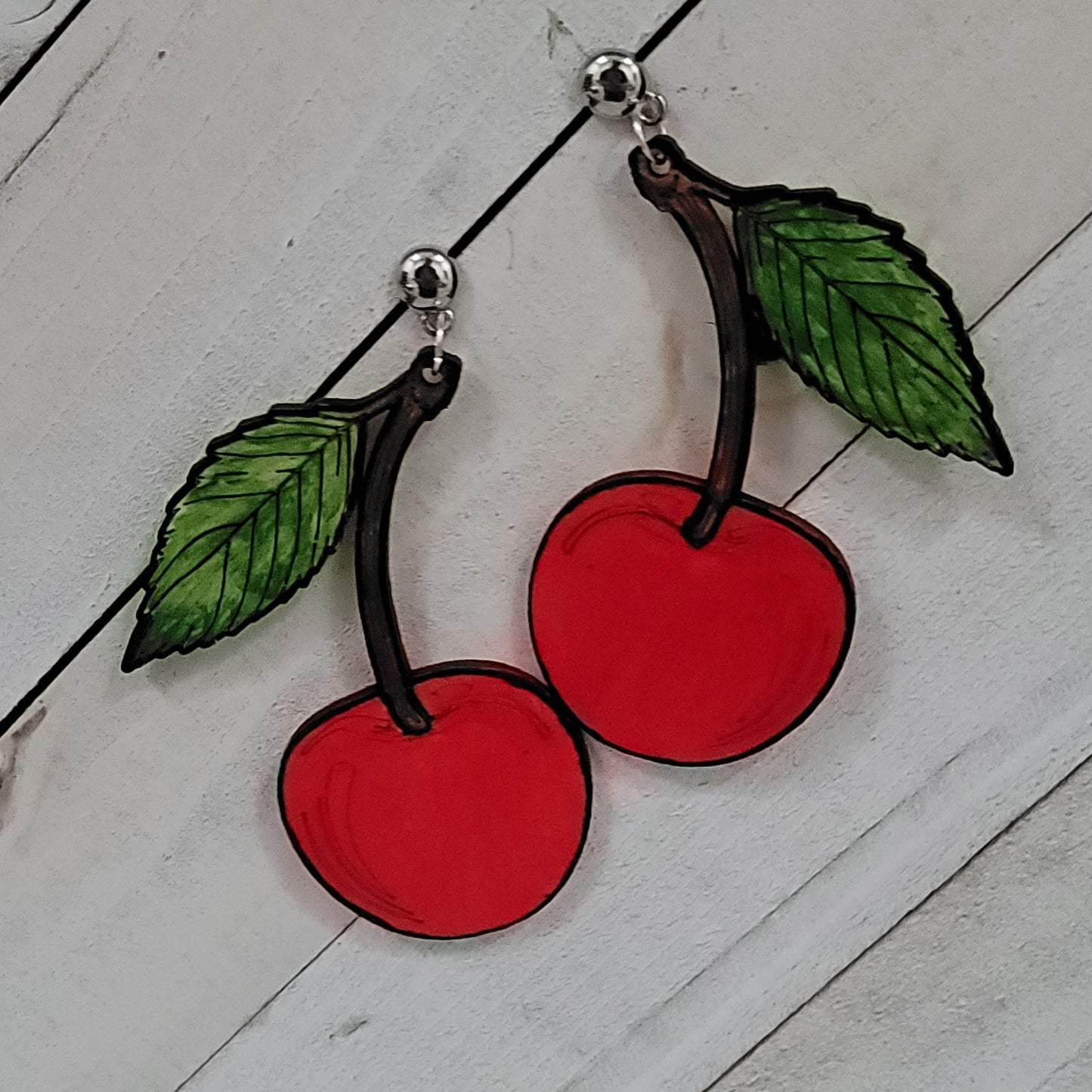 Large Red Cherry Earrings with Green Leaf – Fun Retro Statement Jewelry