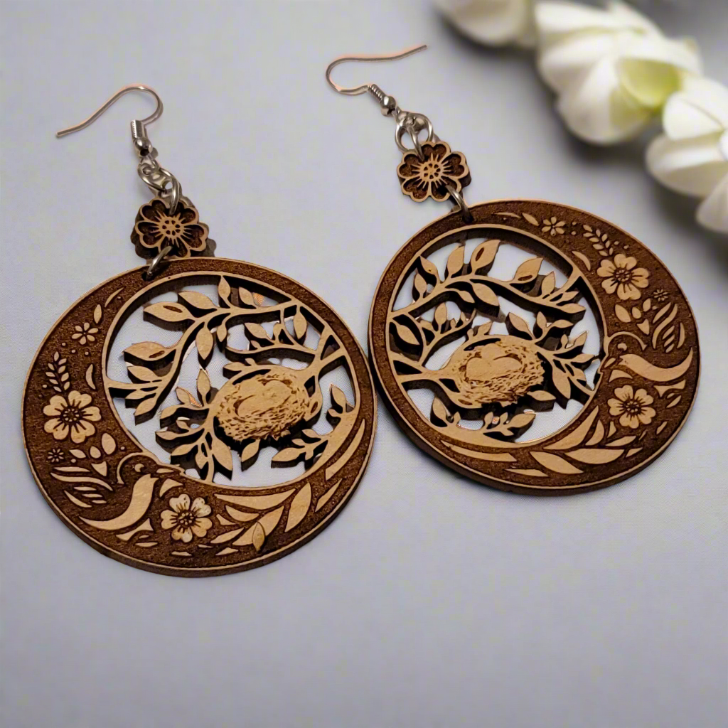 Handmade Nest Maple Wood Dangle Earrings – Bird & Floral Nature Design