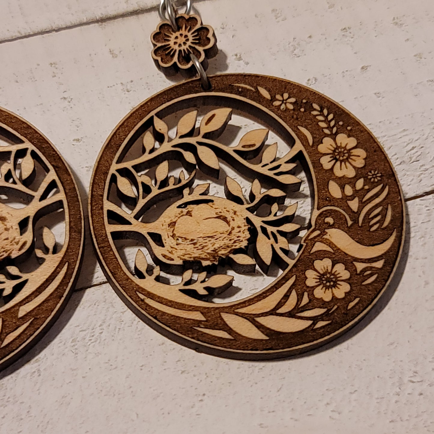 Handmade Nest Maple Wood Dangle Earrings – Bird & Floral Nature Design