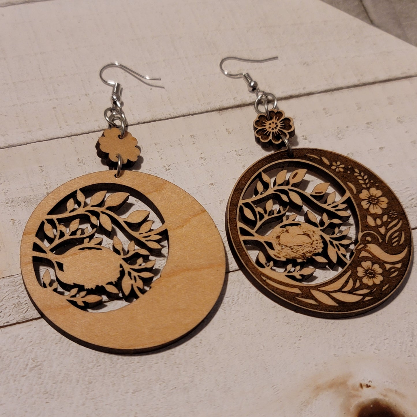 Handmade Nest Maple Wood Dangle Earrings – Bird & Floral Nature Design