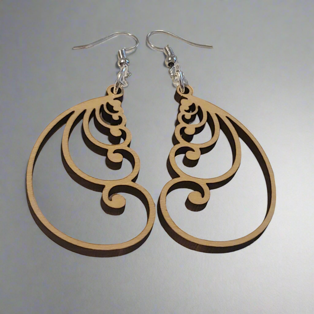 Handmade Fibonacci Spiral Dangle Earrings – Lightweight Wooden Statement Jewelry