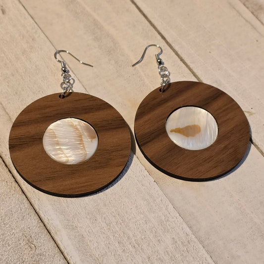 Handmade Walnut Wood and Shell Round Disc Dangle Earrings