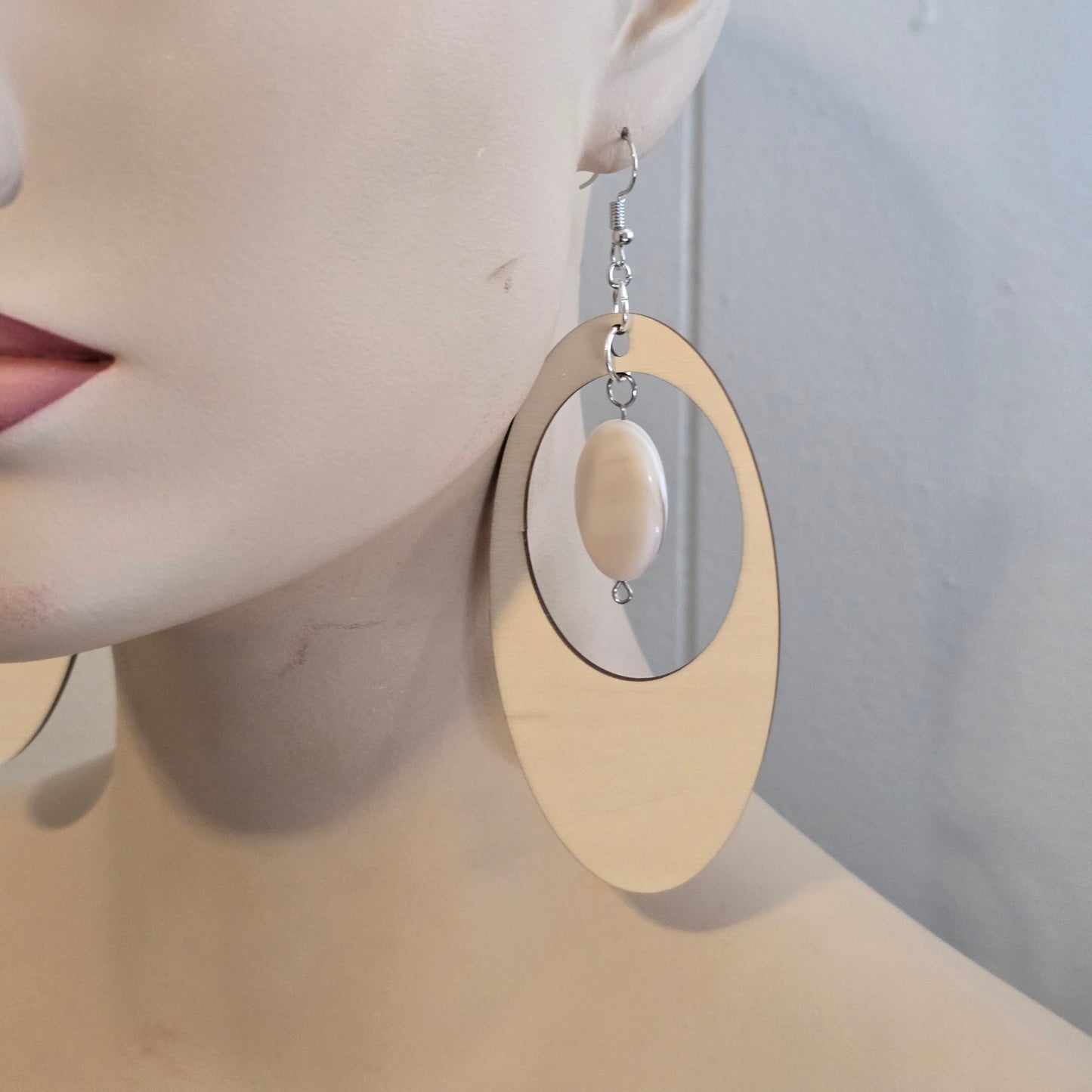 Chunky Oversized Oval Wooden Shell Dangle Earrings