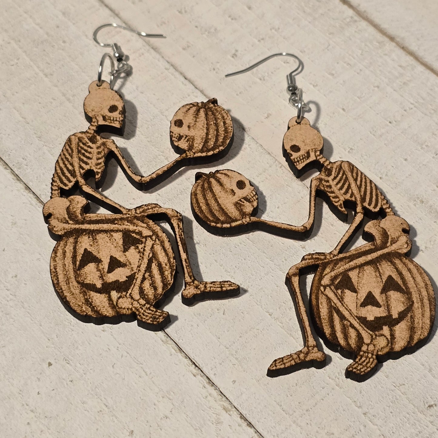 Handmade Laser Cut Skeleton Halloween Earrings – Spooky Pumpkin Jack-O’-Lantern Design