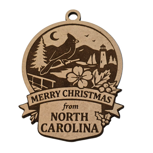 Decorative Christmas ornament with 'Merry Christmas from North Carolina' text on a white background
