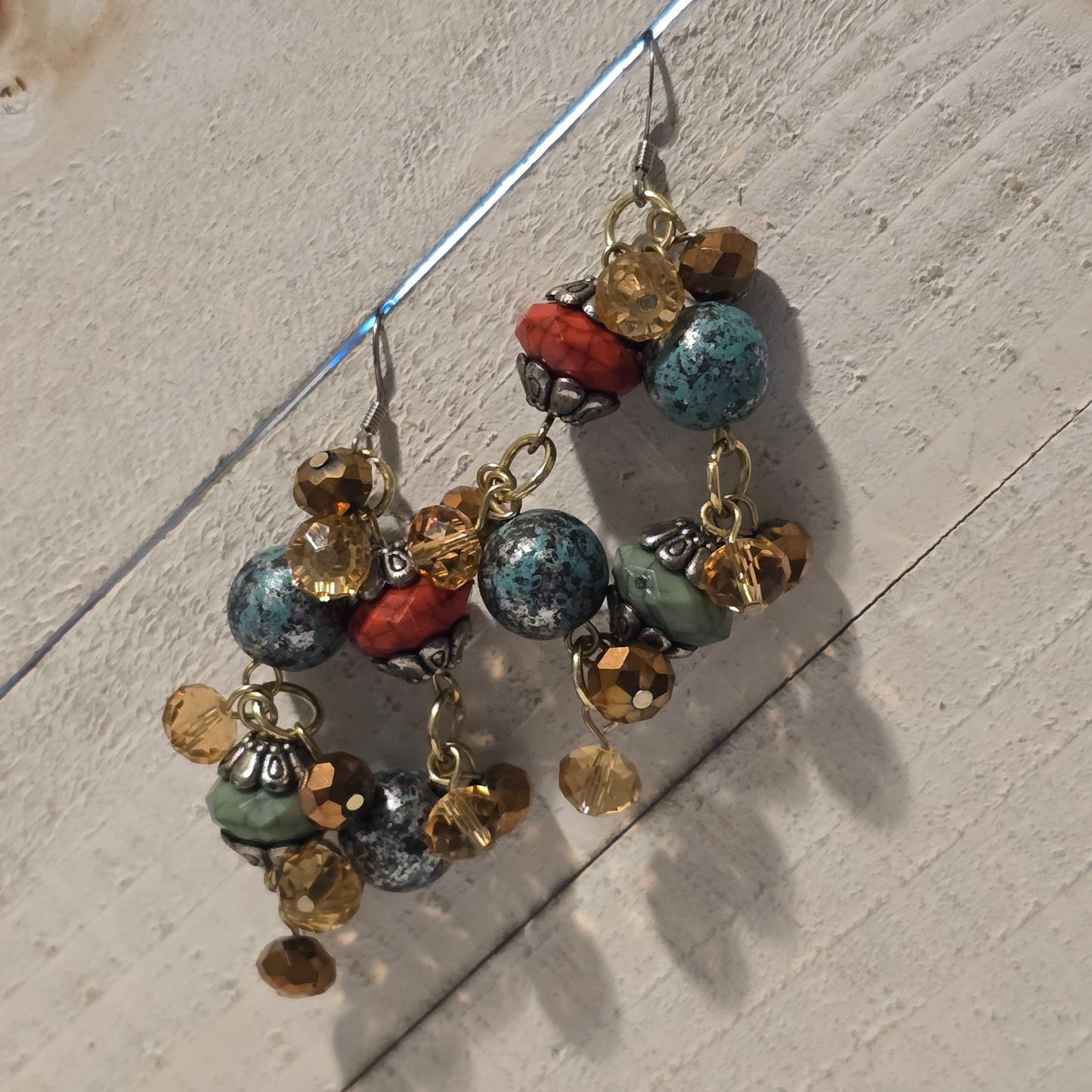 Boho Dangle Cluster Earrings • Turquoise Coral Amber Beads • Rustic Gypsy